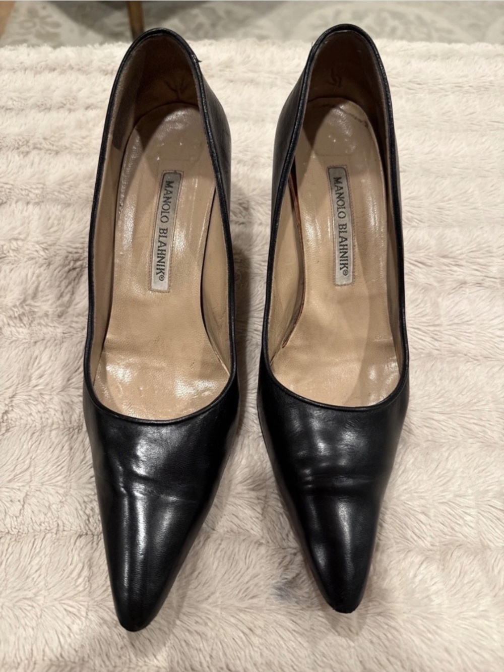 Manolo Blahnik BB Black Leather Pointed Toe Stiletto Heels Pumps 36.5